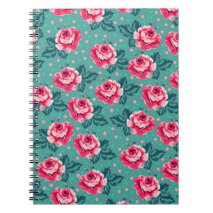 Carnet Jolies roses roses et motif à pois sur sarcelle