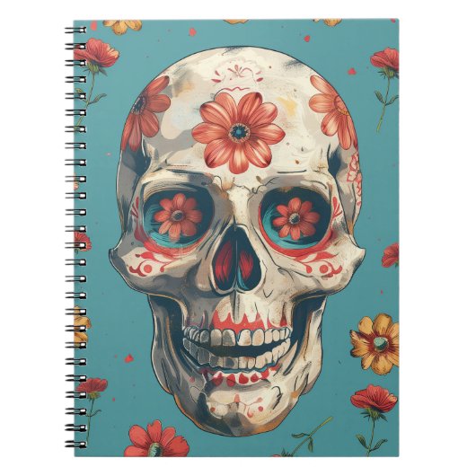 Carnet Jour des Morts design avec crâne et fleurs (Devant)