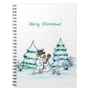 Carnet Joyeux Noël ! Bonhomme de neige avec chat et chiot