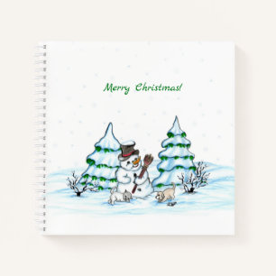 Carnet Joyeux Noël ! Bonhomme de neige avec chat et chiot