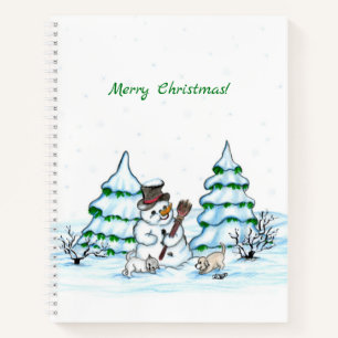 Carnet Joyeux Noël ! Bonhomme de neige avec chat et chiot