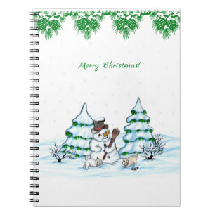 Carnet Joyeux Noël ! Bonhomme de neige avec chat et chiot