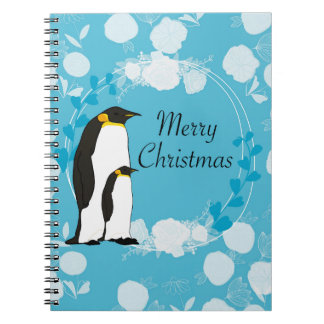 Carnet joyeux noël, noël,pingouin,fleurs,bleu,