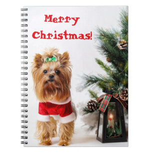 Carnet Joyeux Noël Père Noël Yorkie avec arbre de Noël