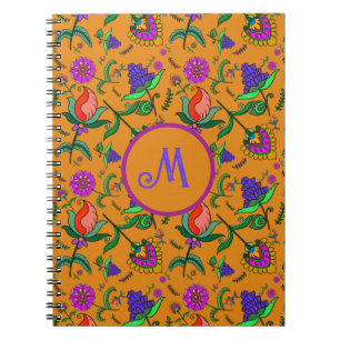 Carnet Kalamkari Fleurs colorées Jaune Arrière - plan Ver