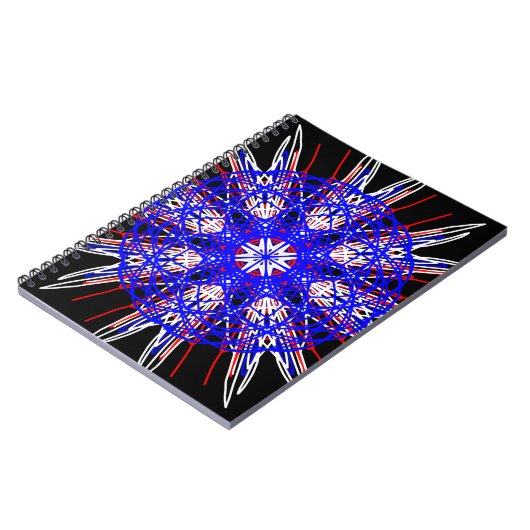 Carnet kaléidoscope mandala art noir rouge blanc bleu (Côté gauche)