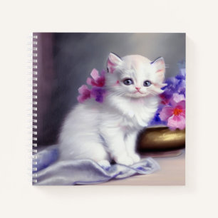 Carnet Kitten blanc vintage aux fleurs roses et violettes