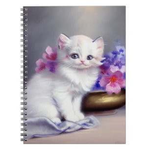 Carnet Kitten blanc vintage aux fleurs roses et violettes