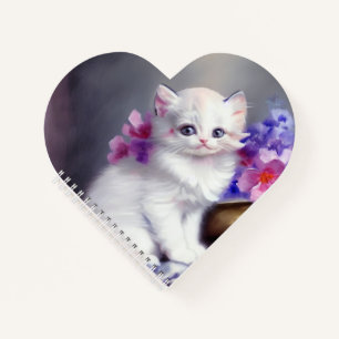 Carnet Kitten blanc vintage aux fleurs roses et violettes