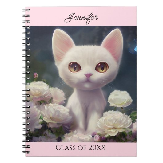 Carnet Kitty Chat Roses blanches Personnaliser Nom Cadeau (Devant)