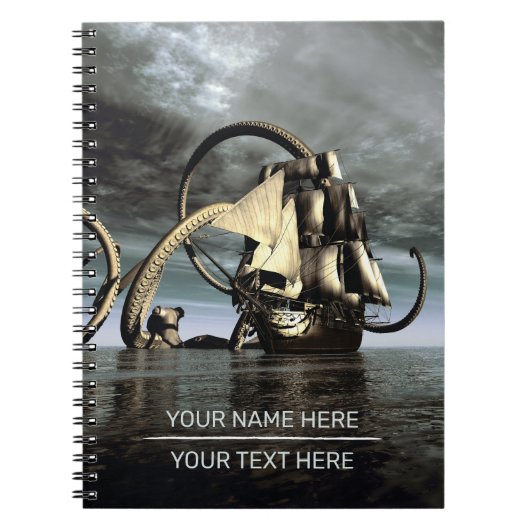 Carnet Kraken. Giant octopus bringing down a pirate ship (Devant)
