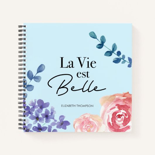 Carnet La vie est belle aquarelle florale bleu (Devant)