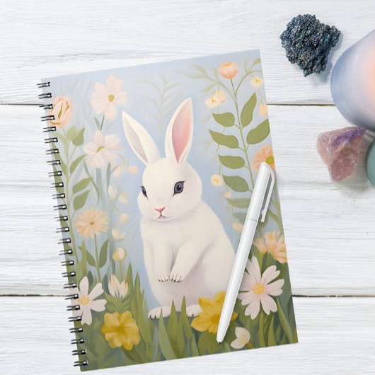 Carnet Lapin blanc aux fleurs de printemps
