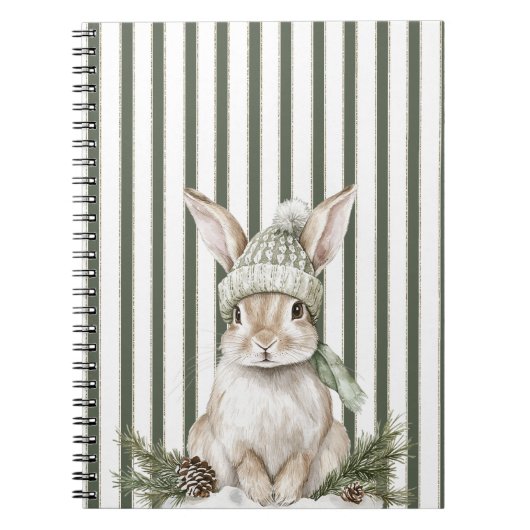 Carnet Lapin de Noël aux rayures vert olive et crème (Devant)