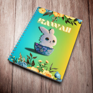 Carnet lapin kawaii dans un bol décoré de fleurs