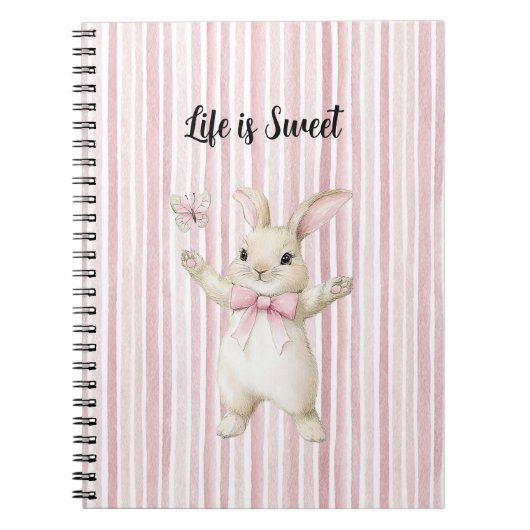Carnet Lapin Papillon Blush Rayures Roses (Devant)