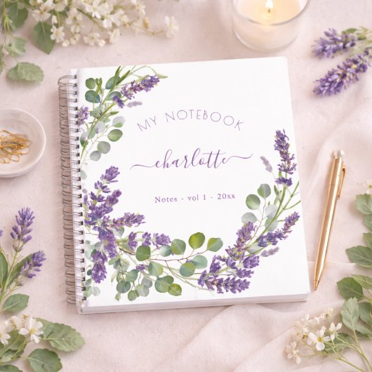 Carnet Lavande violet eucalyptus floral script