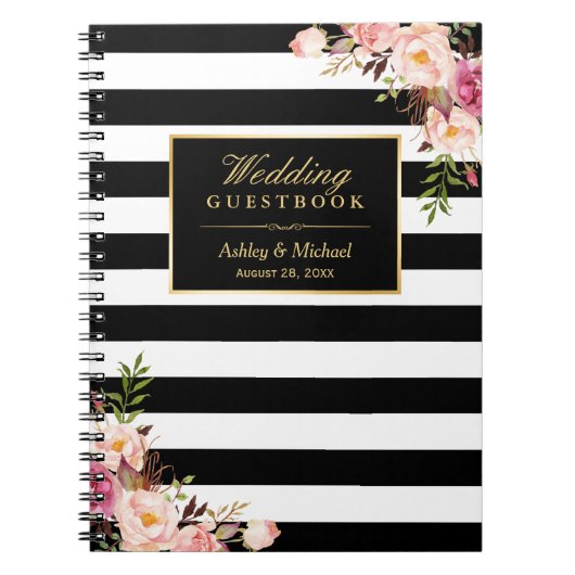 Carnet Le blanc noir barre le Guestbook floral de mariage (Devant)