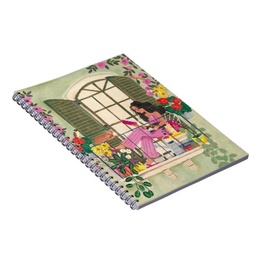 Carnet Lecture de filles sur le balcon d'été avec chats (Côté Droit)