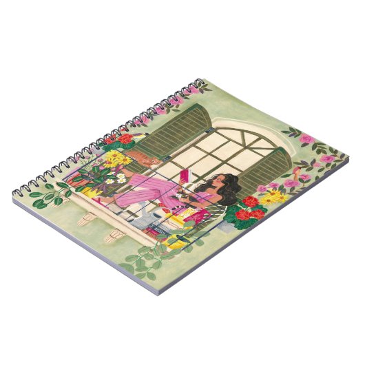 Carnet Lecture de filles sur le balcon d'été avec chats (Côté gauche)