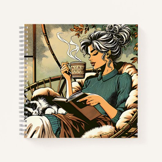 Carnet Lecture douce Lady avec café et chat (Devant)