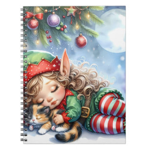Carnet L'elfe de Noël endormi avec un chaton calicot
