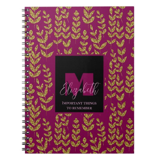 Carnet Léopard Botanique Vin rose Monogramme Nom personna (Devant)