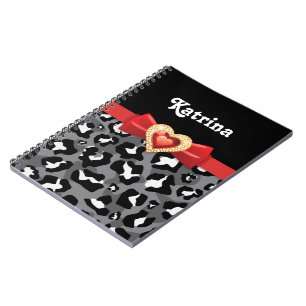 Carnet Léopard noir blanc glamour, arc rouge & bijou