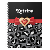 Carnet Léopard noir blanc glamour, arc rouge & bijou (Devant)