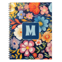 les années 70 60s Retro Floral Monogramme Bleu et