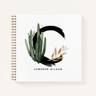 Carnet Lettre boho C Monogramme Aquarelle Tropical Cactus