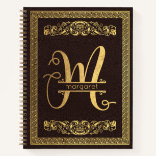 Carnet Lettre d'or M & Nom sur le cuir Brown Monogramme