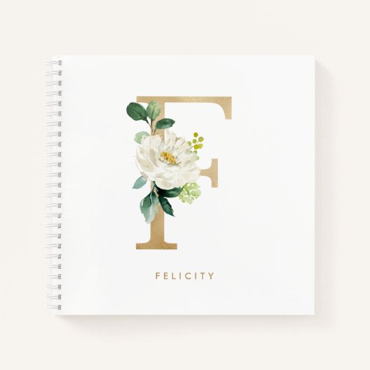Carnet LETTRE Fleur blanche Faux or Fhuile F MONogramme (Devant)