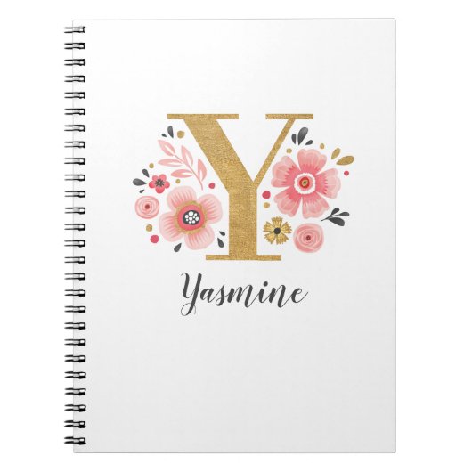 Carnet LETTRE INITIALE EN MONogramme D'OR Y Floral (Devant)