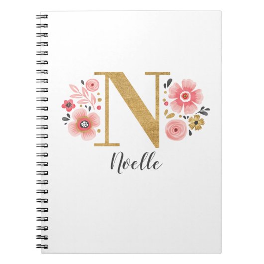 Carnet LETTRE MONOGRAPHIQUE Florale D'OR Rose N (Devant)