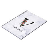 Carnet Lettre "V" Boho Floral Marbre blanc Monogramme (Côté gauche)