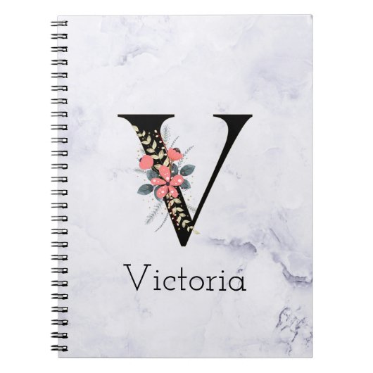 Carnet Lettre "V" Boho Floral Marbre blanc Monogramme (Devant)