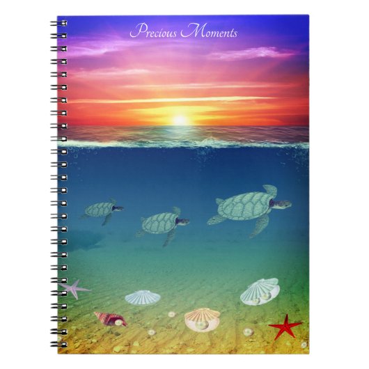 Carnet Lever de soleil, nager tortues de mer & coquilles (Devant)