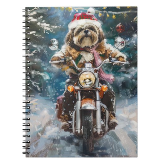 Carnet Lhasa Apso Chien à cheval Moto Noël (Devant)