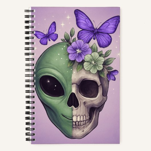 Carnet Libreta de dibujo con alien, calavera y mariposa – (Recto)
