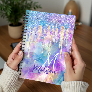 Carnet Licorne aqua bleue chic dégoulinant de monogramme