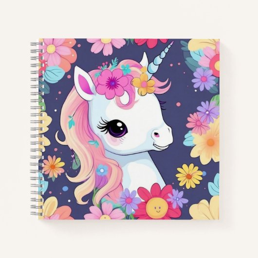 Carnet Licorne blanche adorable avec des fleurs (Devant)
