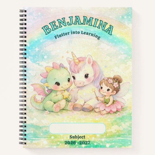 Carnet Licorne Fée Dragon Arc-en-Ciel École Cyan Or (Devant)