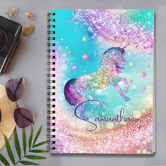 Carnet Licorne mignonne monogramme arc-en-ciel pailleté r