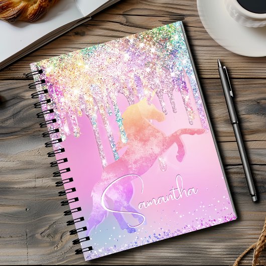 Carnet Licorne mignonne monogramme rose pailleté gouttes