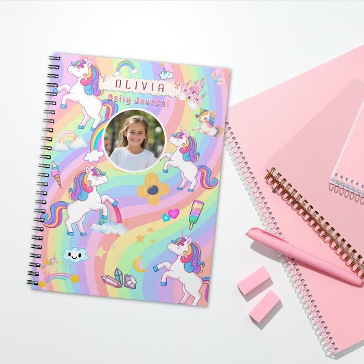 Carnet Licorne Rose Mignonne Arc-en-Ciel Nom Personnalisé