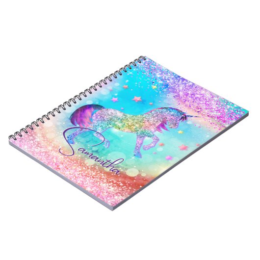 Carnet Licorne rose mignonne paillettes arc-en-ciel aqua (Côté gauche)