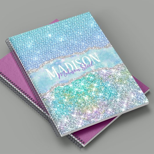 Carnet Licorne turquoise élégante monogramme faux paillet