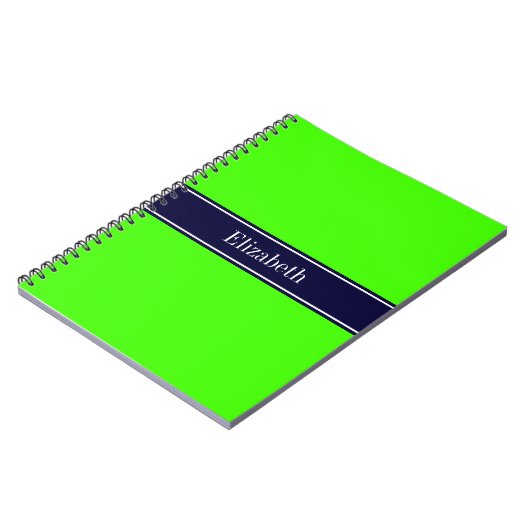 Carnet Lime solide vert, ruban bleu marine Nom Monogramme (Côté gauche)