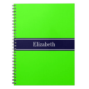 Carnet Lime solide vert, ruban bleu marine Nom Monogramme